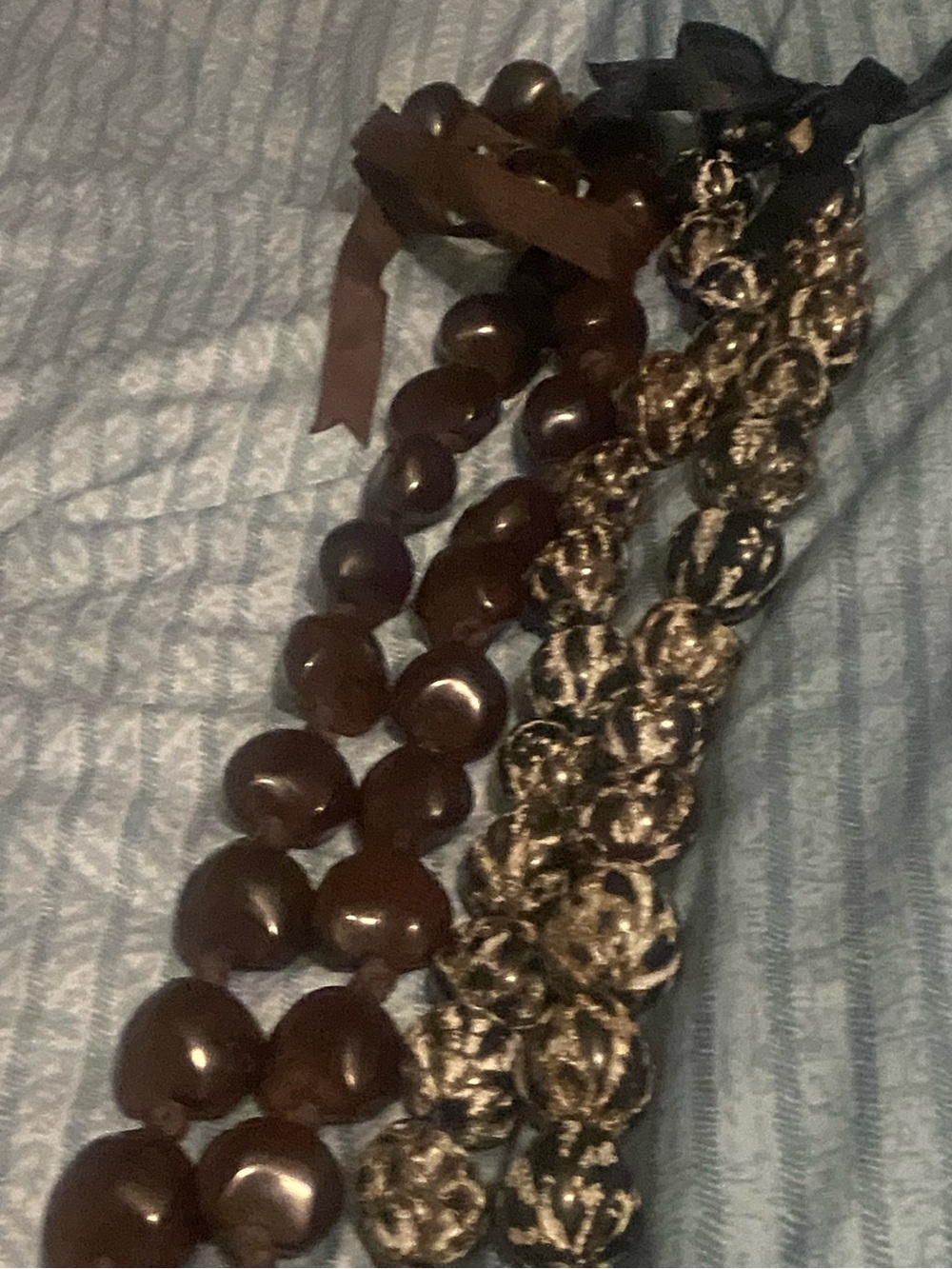 2 Hand Crafted Hawaiian Brown & Marbled Tiger KuKui Nut Leis Necklaces